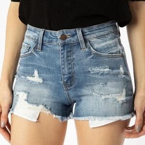 Distressed Blue Denim Shorts - L